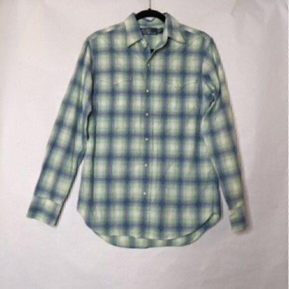 Vintage Polo Ralph Lauren Mens Pearl Snap Button Western Shirt Small Blue Green - Picture 1 of 6